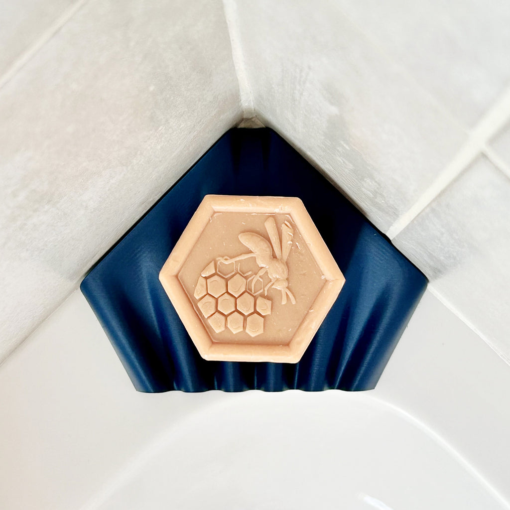Ripple self-draining corner soap dish for shower and bathroom by Zura Nest in navy