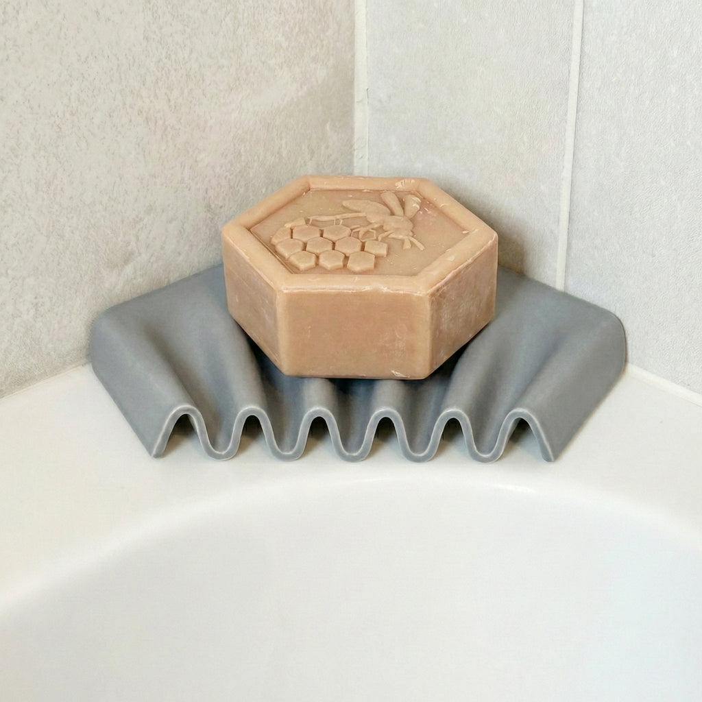 Ripple self-draining corner soap dish for shower and bathroom by Zura Nest in gray