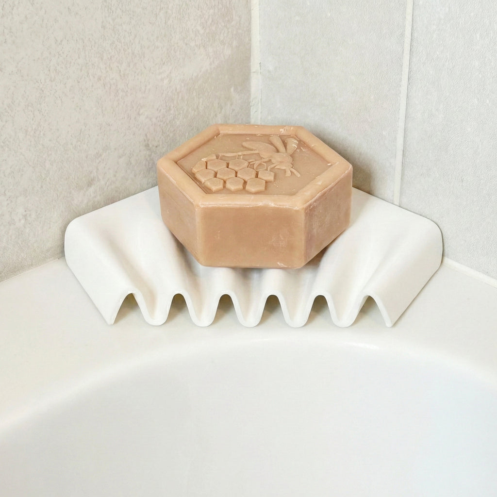 Ripple self-draining corner soap dish for shower and bathroom by Zura Nest in white