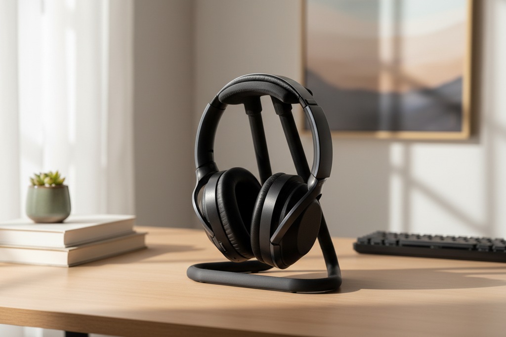 Atama minimalist headphone stand, sculptural desk organizer by Zura Nest in brown