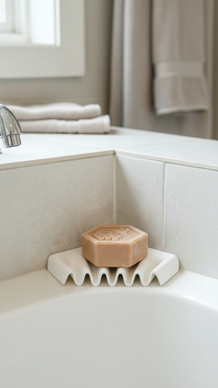 Ripple self-draining corner soap dish for shower and bathroom by Zura Nest