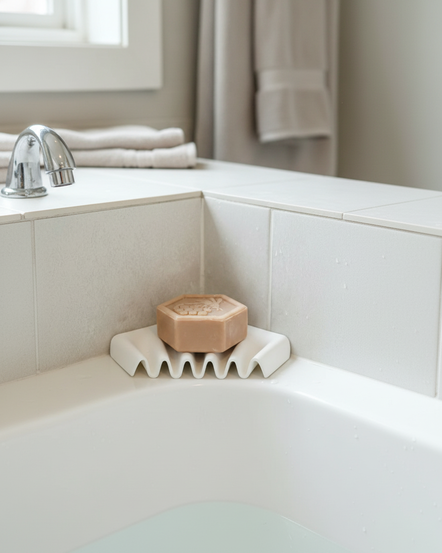 Ripple self-draining corner soap dish for shower and bathroom by Zura Nest