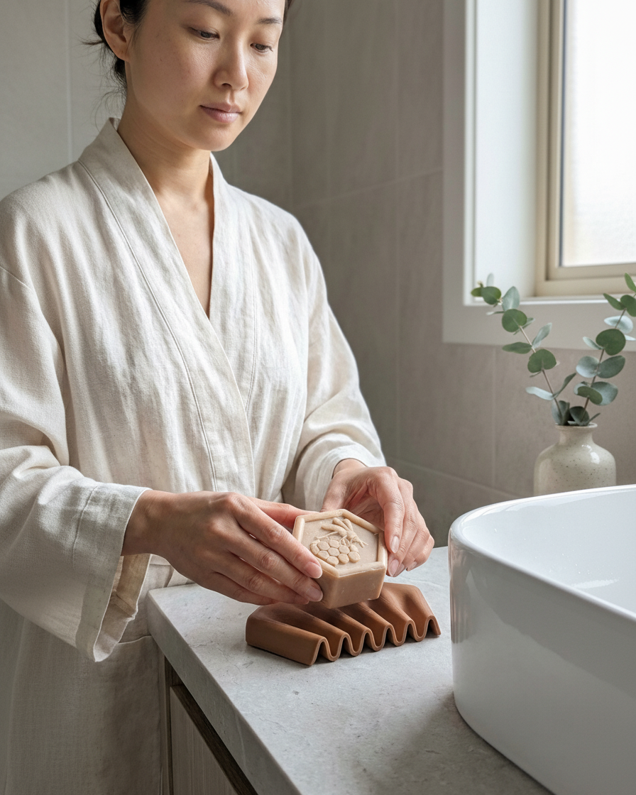 Ripple self-draining corner soap dish for shower and bathroom by Zura Nest